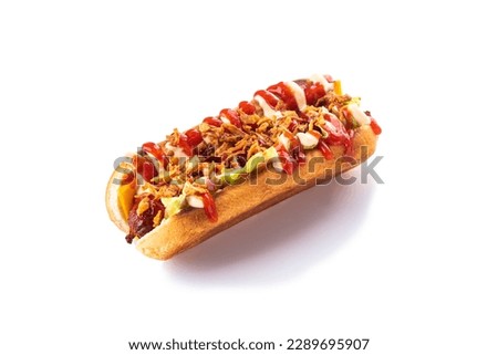 Delicious hotdog. Isolated on white background