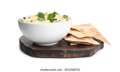 Delicious Hummus With Parsley And Pita Chips On White Background