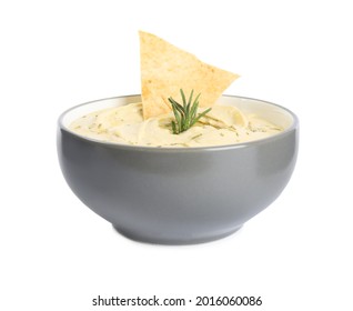 Delicious Hummus With Pita Chip And Rosemary In Bowl Isolated On White