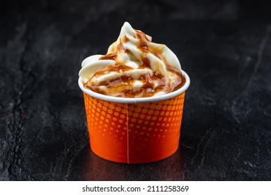 Delicious Ice Cream In Paper Bowl On Black Background