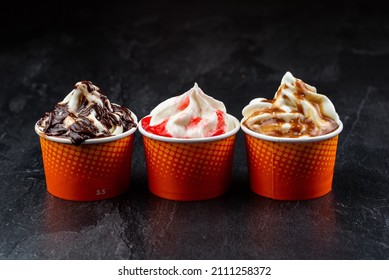 Delicious Ice Cream In Paper Bowl On Black Background