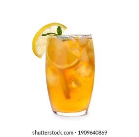 Delicious Iced Tea In Glass On White Background