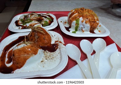 Delicious Indian Street Food -  Dahi Bhala, Raj Kachori, Alo Tikki
.