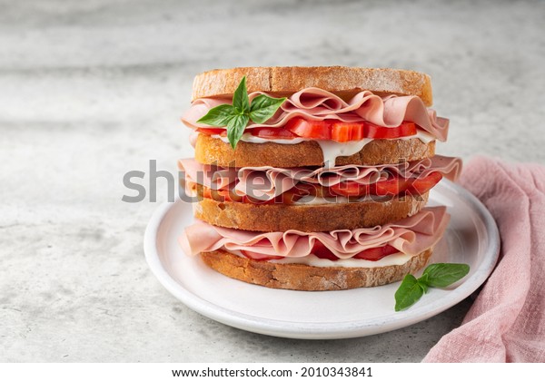 Delicious italian deli sandwich with\
mortadella, soft cheese Stracchino and tomatoes.\
