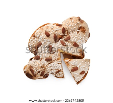 Delicious Italian Easter dove cake (Colomba di Pasqua) decorated with pearl sugar and almonds on white background, top view