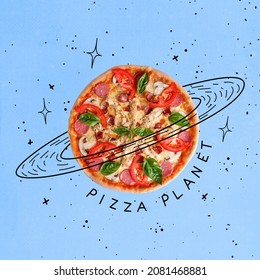 Delicious Italian Food. Contemporary Art Collage Of Pizza In Shape Of Planet Isolated Over Blue Background. Doodles, Logo. Concept Of Art, Creativity, Food, Delivery Service, Taste And Ad