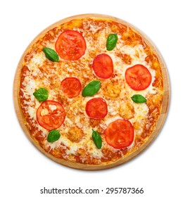 Delicious Italian Margherita Pizza With Tomatoes And Mozarella - Thin Pastry Crust At White Background, Above View On Wooden Desk