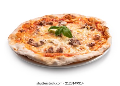 Delicious Italian Pizza With Pecorino, Tomato Sauce And Pork Sausage, Isolated On White Background 