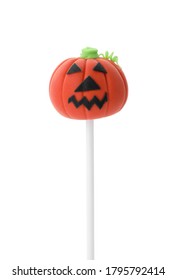 Delicious Jack-o-lantern Cake Pop Isolated On White. Halloween Holiday