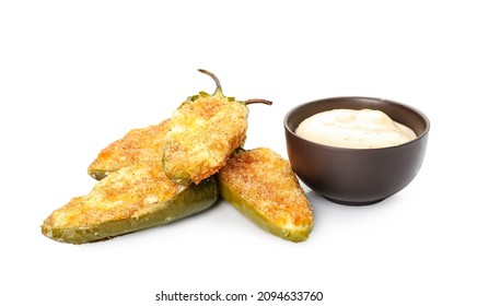 Delicious Jalapeno Poppers And Sauce On White Background