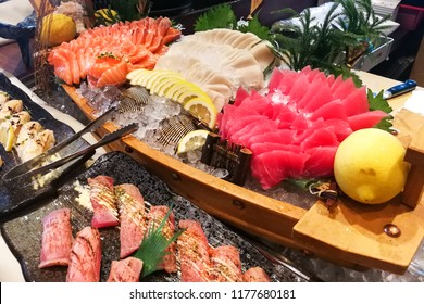 Delicious Japanese Fresh Shashimi Sushi Buffet Spread At Japanese Restaurant