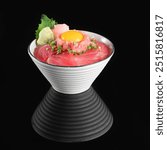 Delicious Japanese sashimi bowl topped with fresh seafood and a raw egg, styled with green garnish, presented on a black background.