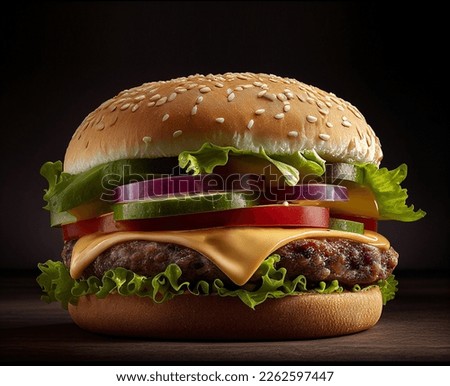 Delicious juicy hamburger cheesburger burger with meat, beef, pork patty, onions, tomato, lettuce. poster or menu. isolated on background. display, whole and side view. lifestyle studio	
