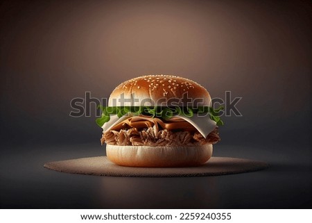 Delicious juicy pork bun burger sandwich with onions, tomato, lettuce. Hamburger for poster or menu. isolated on dark background. flat lay. top. lifestyle studio shoot. closeup view. with copy space