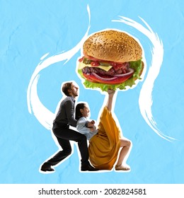 Delicious Junk Food. Contemporary Art Collage Of Couple, Retro Dancers Holding Bit Tasty Burger Isolated Over Blue Background. Concept Of Art, Creativity, Food, Design. Copy Space For Ad