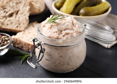 Delicious Lard Spread In Jar On Black Table