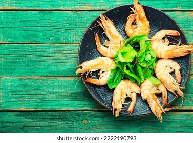 Delicious Large Cooked Shrimp On A Plate.