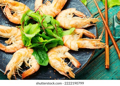 Delicious Large Cooked Shrimp On A Plate.Shellfish