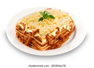 Delicious Lasagna Bolognese, Mozzarella Cheese, Typical Italian Food On Plate On White Background.