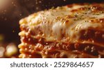 Delicious lasagna layered with rich meat sauce and melted cheese, garnished with herbs, creating inviting and appetizing dish perfect for any meal.