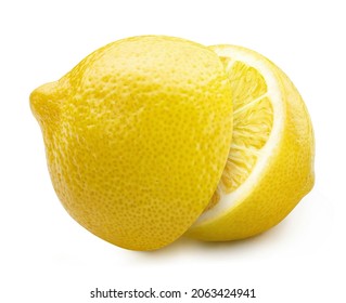 Delicious lemon fruit cut in half, isolated on white background