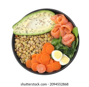 Delicious Lentil Bowl With Carrot, Avocado, Egg And Salmon On White Background, Top View