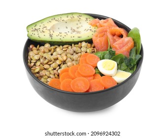 Delicious Lentil Bowl With Carrot, Avocado, Egg And Salmon On White Background