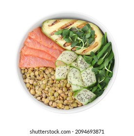 Delicious Lentil Bowl With Salmon, Avocado And Cucumber On White Background, Top View