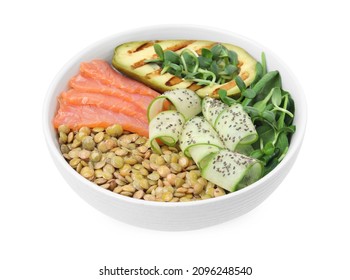 Delicious Lentil Bowl With Salmon, Avocado And Cucumber On White Background