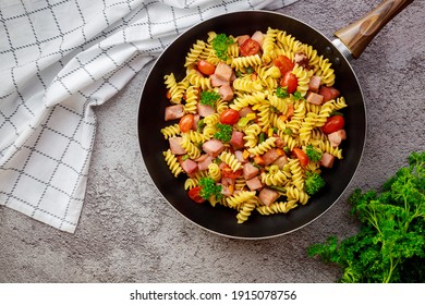 Delicious Macaroni With Vegetables And Cut Ham. Top View.