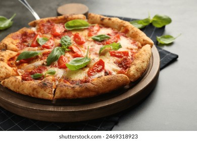 Delicious Margherita pizza and basil on grey table, closeup - Powered by Shutterstock