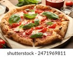 Delicious Margherita pizza on table, closeup view