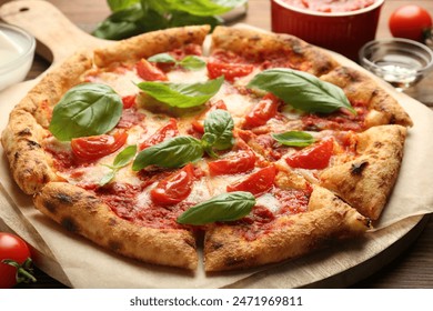 Delicious Margherita pizza on table, closeup view - Powered by Shutterstock