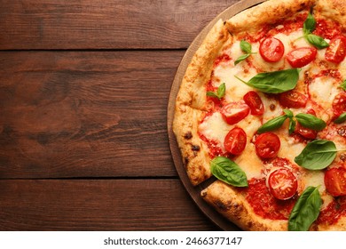 Delicious Margherita pizza on wooden table, top view. Space for text - Powered by Shutterstock