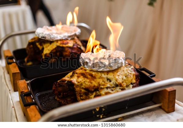 Delicious Meat Fire Wedding Reception Restaurant Stock Photo Edit