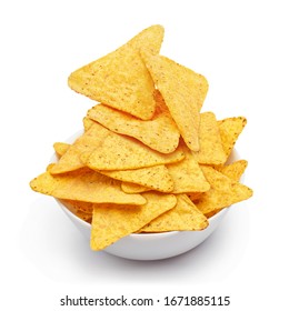 Delicious mexican nachos chips in white bowl, isolated on white background