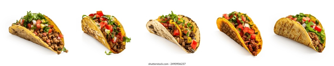 Delicious Mexican Taco isolated on white background. Traditional meat and vegetable tacos set. Freshly tortilla wrap, burrito wrap and tacos closeup, set and collection isolated on white background. - Powered by Shutterstock