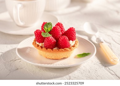 Delicious mini tart made of raspberries and local ingredients. Cummer cake with raspberries. - Powered by Shutterstock