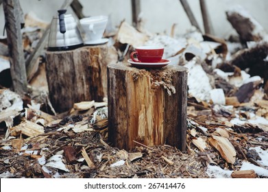 Delicious morning coffee picnic the tree stumps