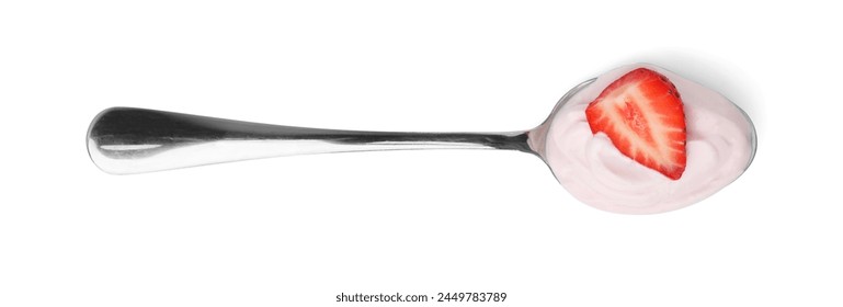 Delicious natural yogurt with fresh strawberry in spoon isolated on white, top view - Powered by Shutterstock