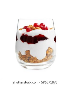 Delicious Natural Yogurt Parfait With Berries And Granola On White Background