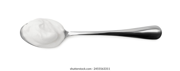 Delicious natural yogurt in spoon isolated on white, top view
