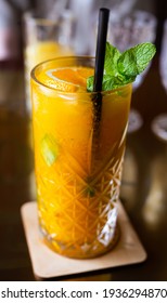 Delicious Non Alcoholic Sea Buckthorn Cocktail With Mint And Orange In A Glass Glass