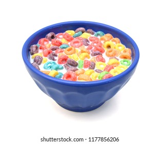 Delicious And Nutritious Fruit Cereal Loops Flavorful And Milk In Blue Bowl, Healthy And Funny Addition To Kids Breakfast