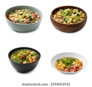 Deliciosa sopa de okroshka con kvas sobre fondo blanco, conjunto