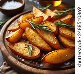 Delicious Oven Baked Potato Wedges with Sea Salt and Rosemary on Rustic Wood