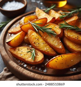Delicious Oven Baked Potato Wedges with Sea Salt and Rosemary on Rustic Wood