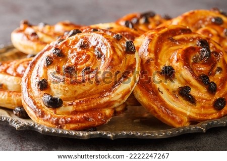 Delicious pain aux raisins spiral buns with raisins and custard close-up in a plate on the table. horizontal
