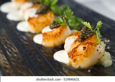 Delicious pan seared organic scallops, served with celery puree, caviar, parsley and white wine cream sauce. Presented professionally and shot with a shallow depth of field. - Shutterstock ID 519840631