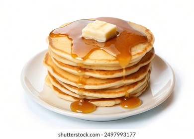 Delicious pancakes with honey on plate on table close-up